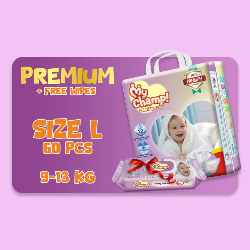 Diapers MY CHAMP (L). 60 PCS + FREE WIPES